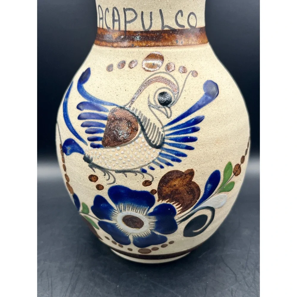 Vtg Acapulco Tonala Mexican Pottery Vase Hand‎ Painted Bird Floral Signed 8.5